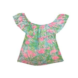 Lilly Pulitzer Flamingo Print Ruffle‎ Off Shoulder Dress Resort Wear XL